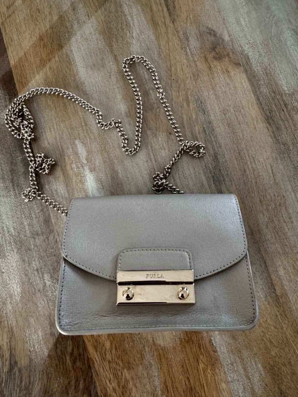 Furla Metallic Silver Crossbody with Chain Strap